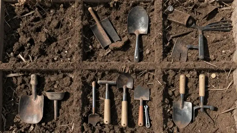 Geometric garden rows and weathered tools sit under soft sunlight