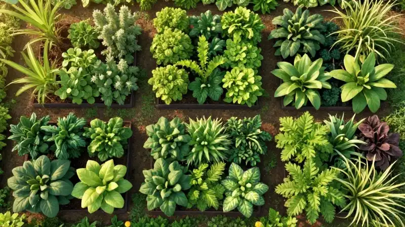 Golden sunlight bathes an organized, lush garden grid from above