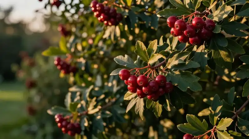 Detailed red berries glow within a lush, golden garden scene