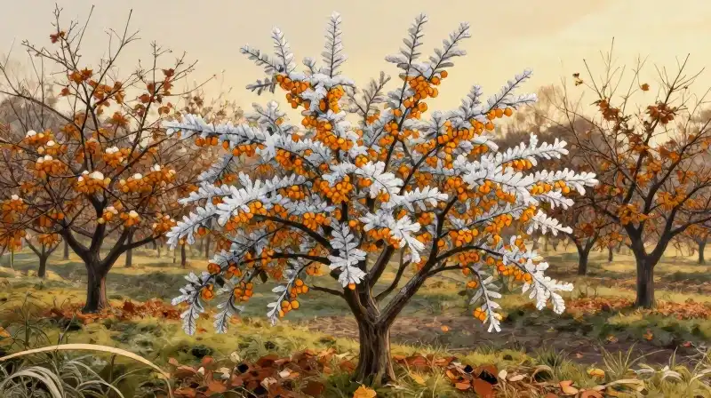 A crystalline barberry bush glows in a warm golden autumn orchard