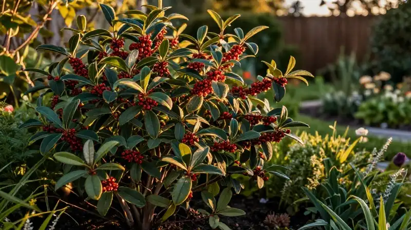 Golden light illuminates a richly detailed barberry bush in a structured garden