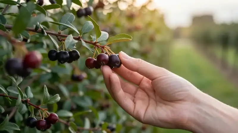 A hand examines bright red barberry berries in a lush garden