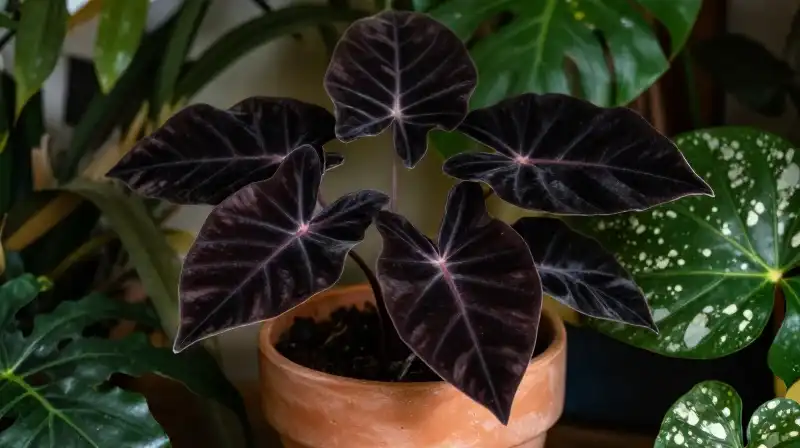 Dark velvety Alocasia leaves thrive in a lush jungle setting