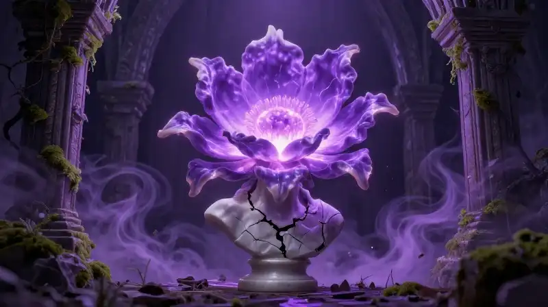 A glowing ambrosia flower rests atop a cracked marble bust in ancient ruins