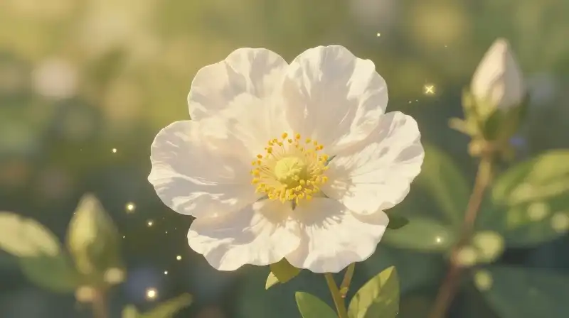 A glowing Ambrosia flower rests in a serene garden during golden hour