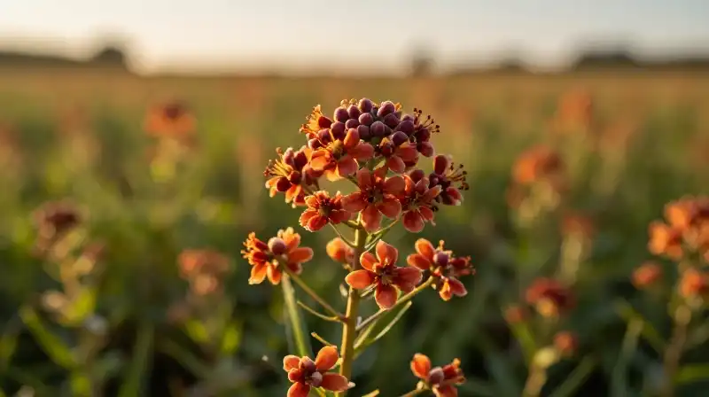 Vibrant purple and gold flora dominates an overgrown field during the golden hour