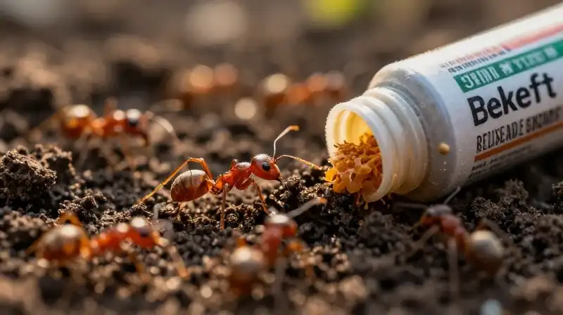 Tiny ants march across warm garden soil near tempting bait