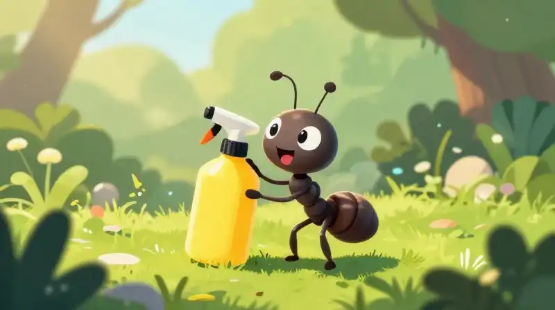 A friendly ant and yellow spray bottle in a lush garden