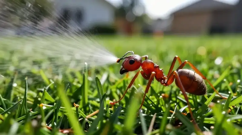 An aggressive ant in fine mist on a lush lawn