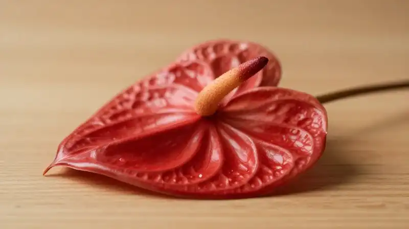 A vibrant red anthurium stands on a wooden surface near soft dorayaki