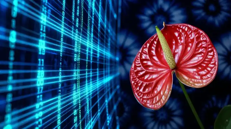 Vibrant anthurium with glowing data streams over an indigo patterned surface