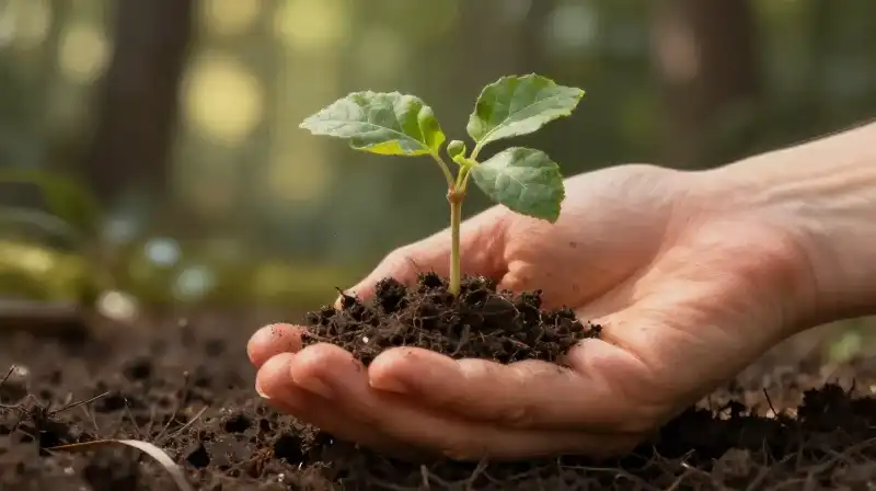 A gentle hand cradles a tiny apple seedling in rich, dappled soil