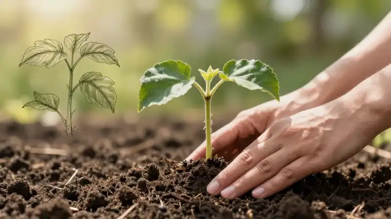 A persons hand plants a young apple seedling in dark, fertile soil bathed in morning light