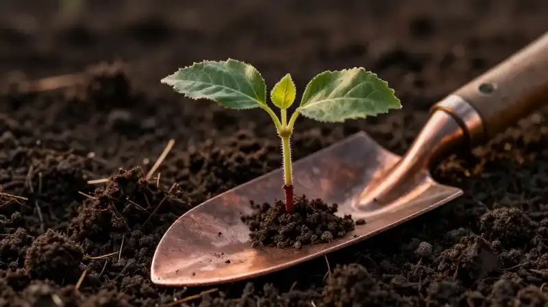 Golden light highlights a tiny apple seedling and copper trowel