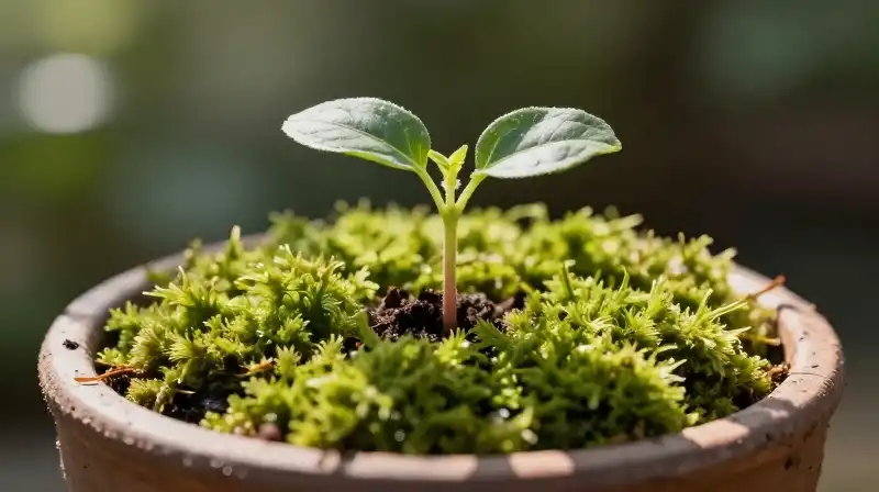 A tiny apple seedling sprouts among soft moss under dappled sunlight