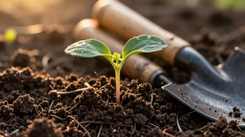 A vibrant seedling glows in the warm golden hour sunlight