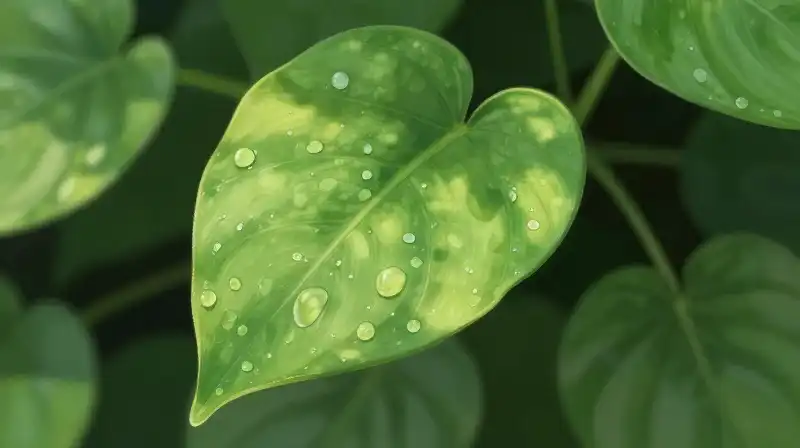 Lush green arrowhead leaves glistening with soft morning dew