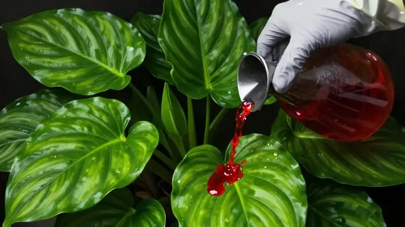 A gloved hand waters a lush plant dripping with vivid red toxic fluid