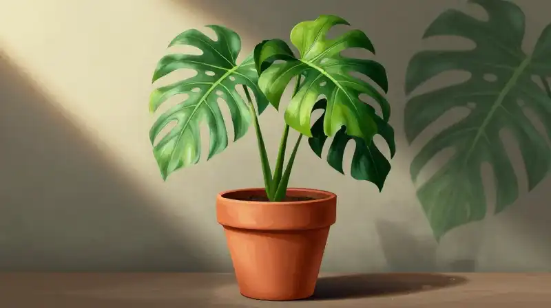 Lush plants thrive under bright, dramatic overhead sunlight in a vibrant pot