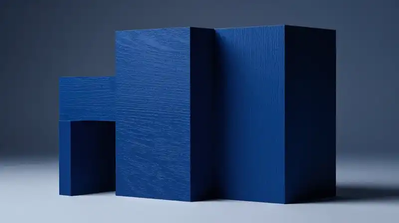 A vivid blue geometric shape rests in a minimalist studio