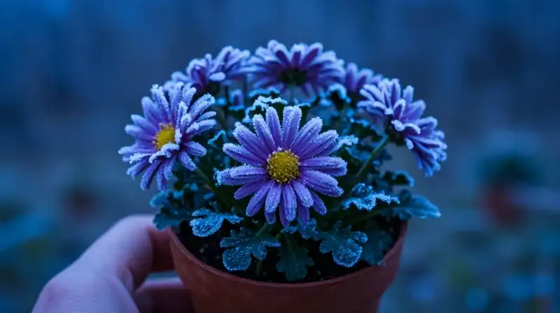 Hand tends a small aster in deep, icy winter woods