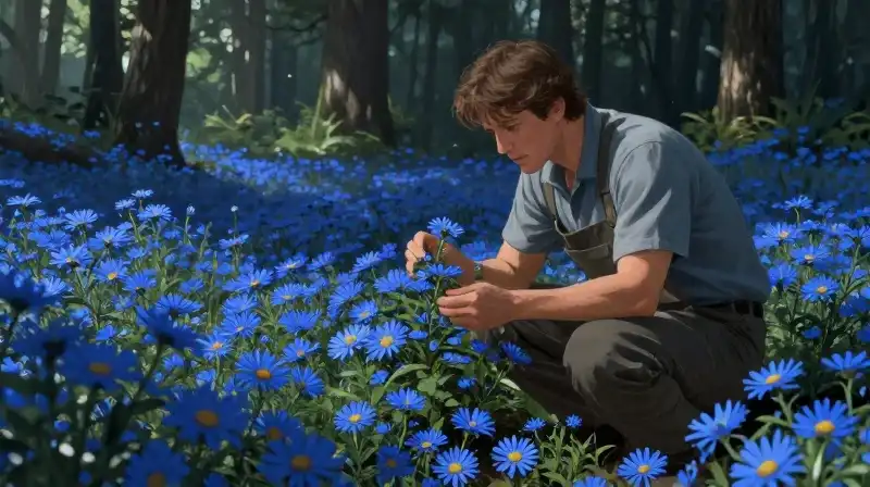 Gardener inspects a small plant amidst vivid blue aster fields