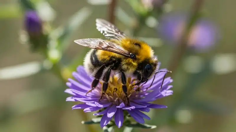 Fuzzy bee on a purple aster, captured in dappled summer sunlight