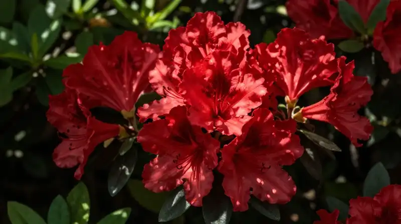 Vibrant crimson azaleas in a lush garden bathed in dappled sunlight