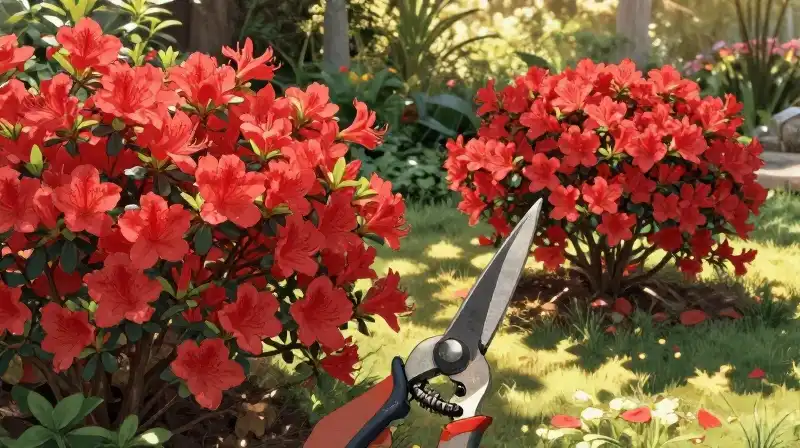 Vibrant crimson azalea bushes under a warm golden light