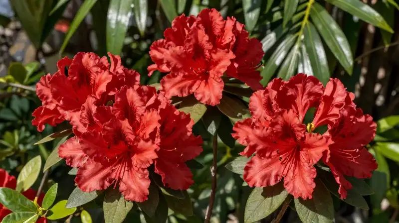 Red azaleas burst through a lush, sun-dappled tropical garden