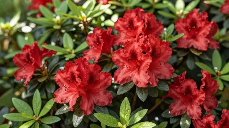 Vibrant red azaleas glow among lush green leaves in soft dappled sunlight