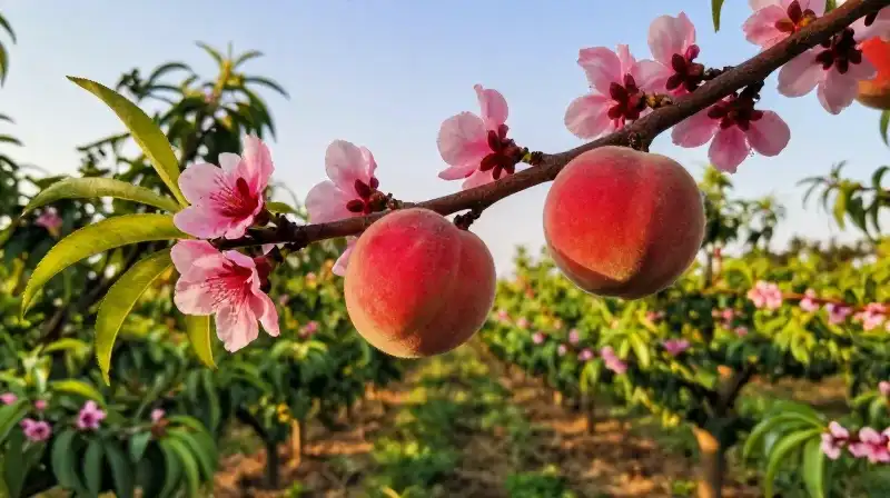 A ripe peach hangs among vibrant blossoms during golden hour