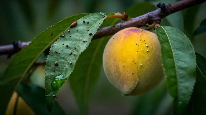 Ripe peaches and tiny leaf pests captured in sharp, dramatic focus