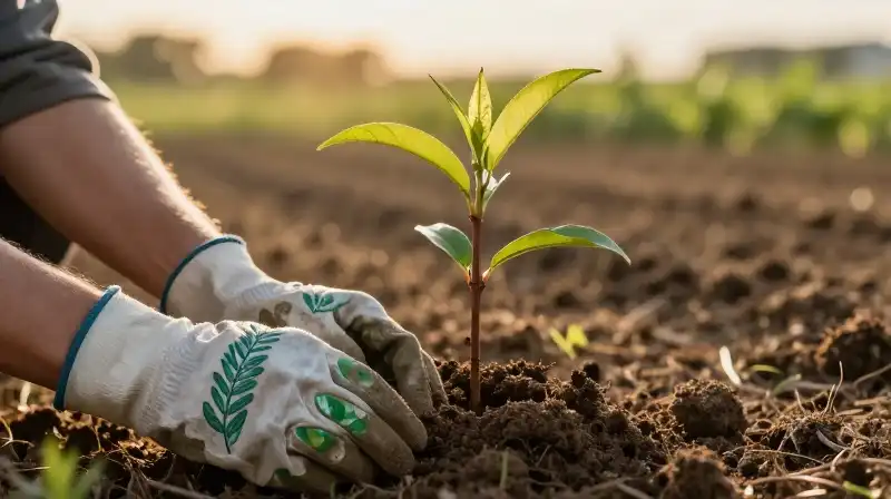Gloved hands nurture a peach sapling in the warm golden hour light