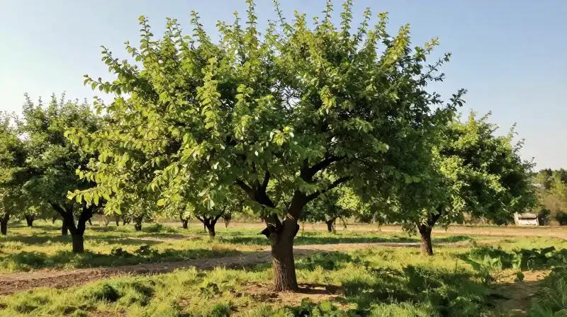 Detailed peach tree with sharp cuts catches dappled morning light