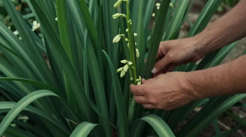 Lush beaked yucca foliage thrives in a vibrant, carefully tended garden