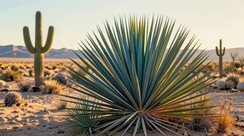 A sharp Yucca plant stands in a gold-lit arid desert