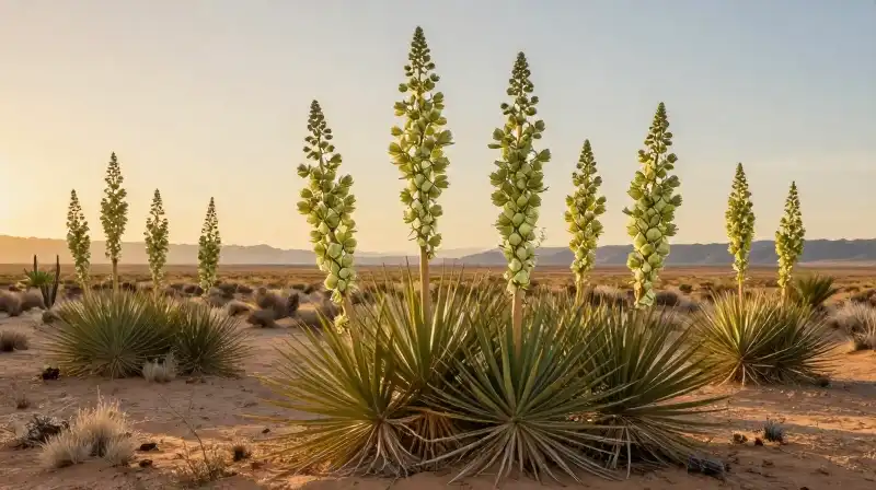 Pale green yucca spires glow within the golden desert light