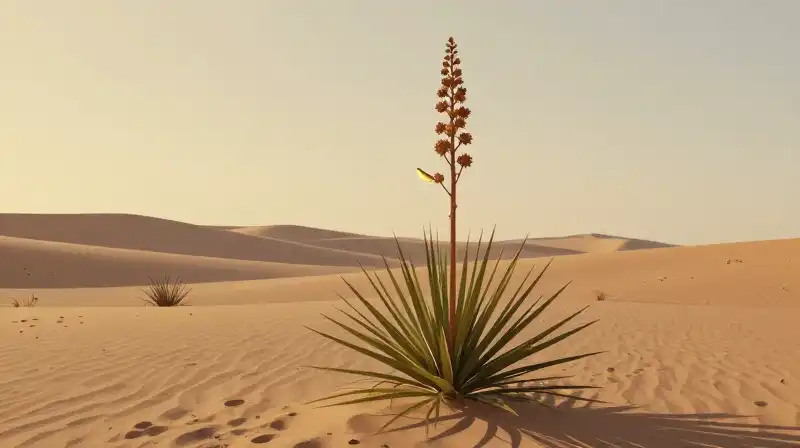 A golden-lit yucca with a tiny gold beak dominates the dusty desert