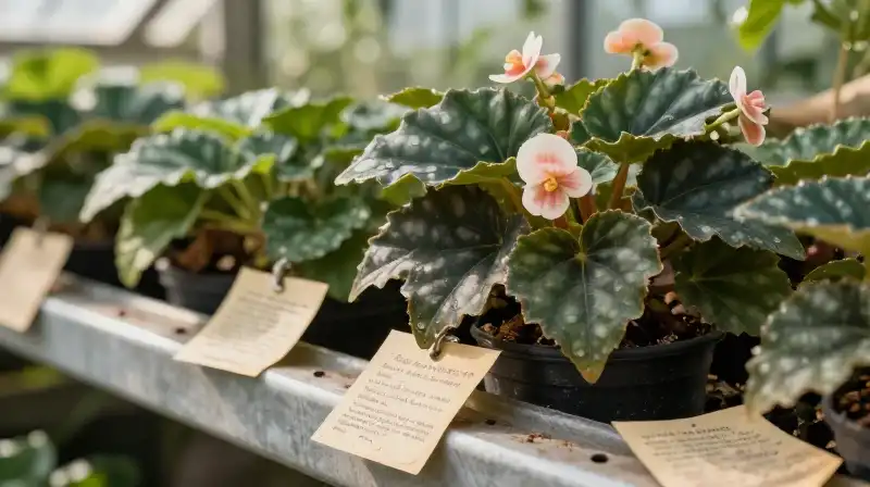 A lush begonia sits on a bench with scattered vintage cultivation notes