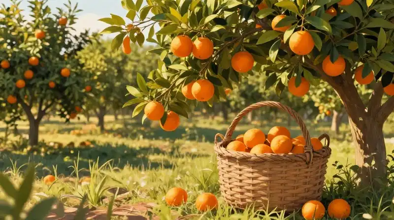 A golden sun illuminates a rustic basket overflowing with ripe bergamot oranges
