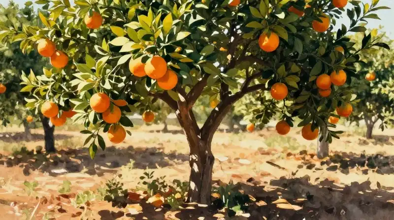 Bright oranges cluster under warm, dappled Mediterranean sunlight