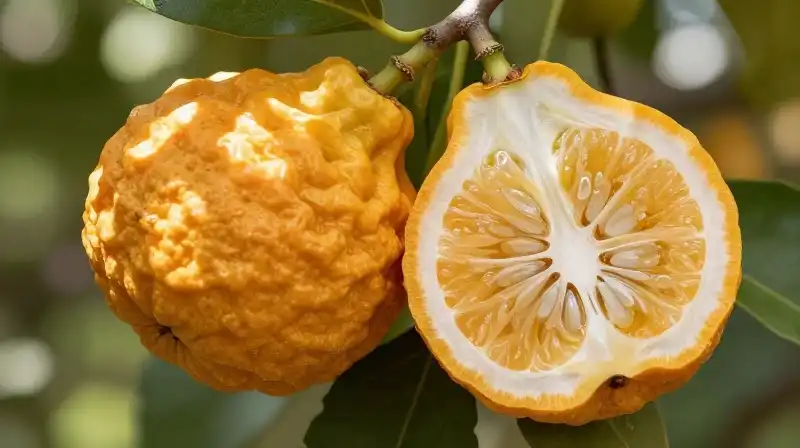 Luscious, detailed bergamot cross-section rests on a sunlit orange branch