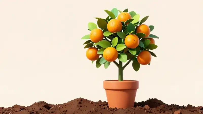 Vivid orange tree glows dramatically in the rich soil