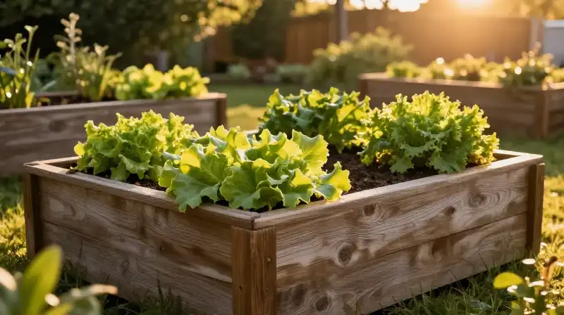 Vibrant greenery thrives within rustic wooden raised beds bathed in golden sunlight