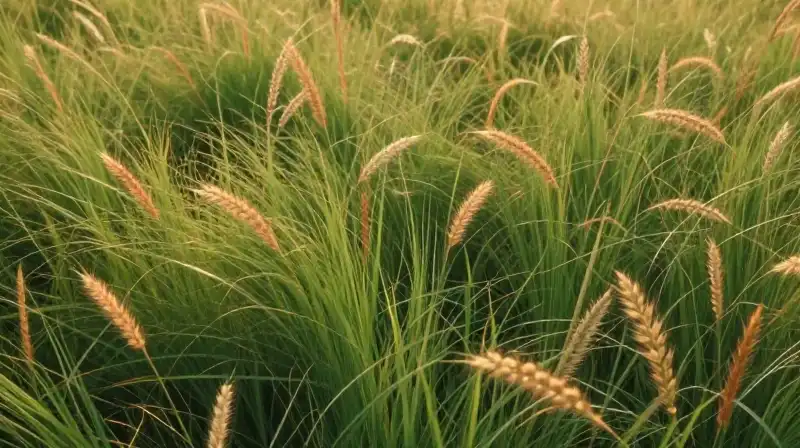 Soft golden light illuminates a vibrant green grass field
