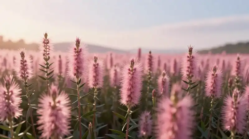 Delicate pink grass blooms in soft morning sunlight