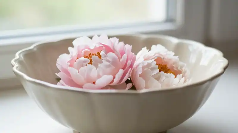 Soft natural light illuminates a creamy pale pink peony in a vintage ceramic bowl