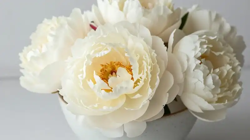 A bowl of creamy peonies rests against a soft, blurred background