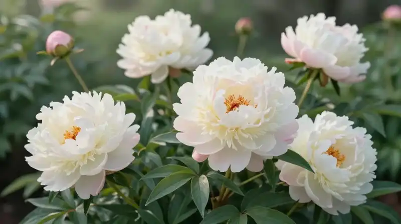 Creamy white peonies and soft pink petals in a lush garden